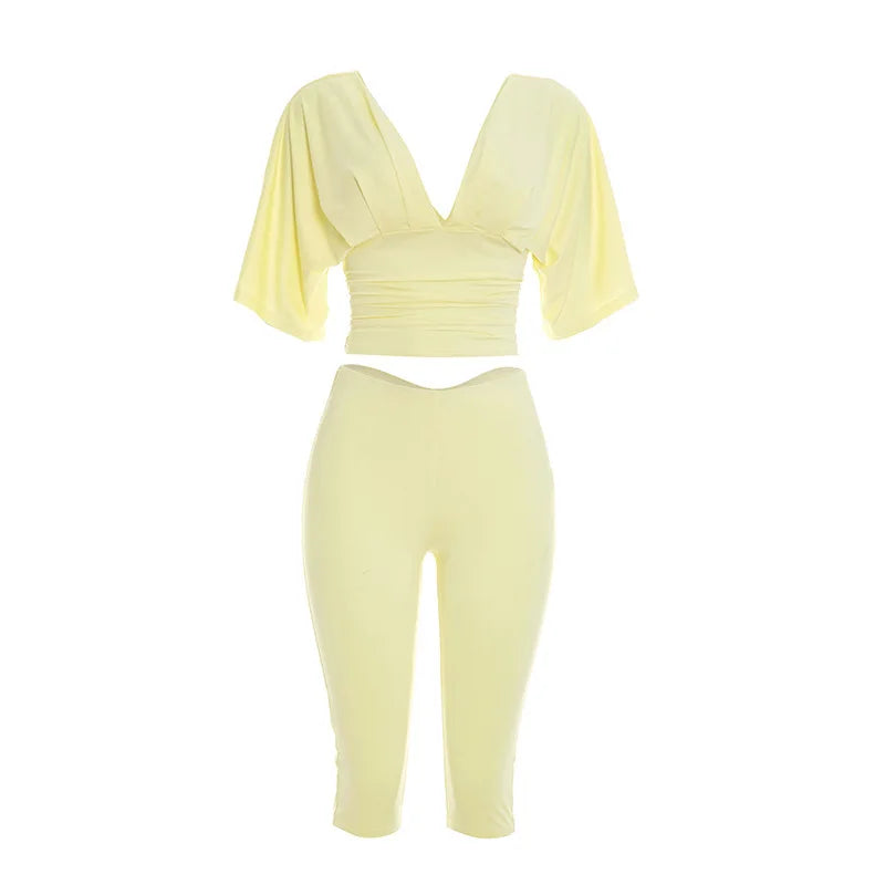 Joskaa Casual Solid 2 Piece Sets Women Sexy V-Neck Ruched Half Sleeve Top and Tight Cropped Pants Matching Tracksuits Streetwear