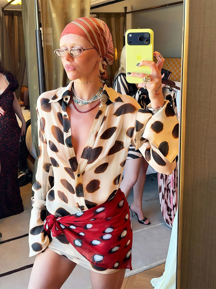 Women's Dot Print Long Sleeve Split Midi Dress