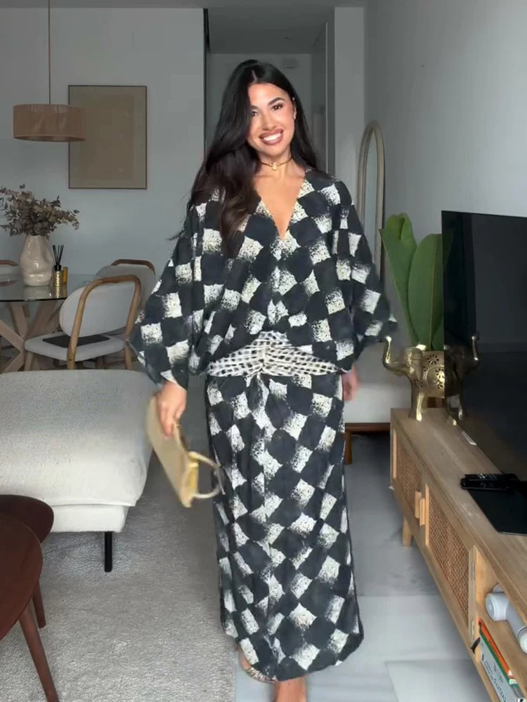 Women's Plaid Batwing Sleeve Maxi Dress