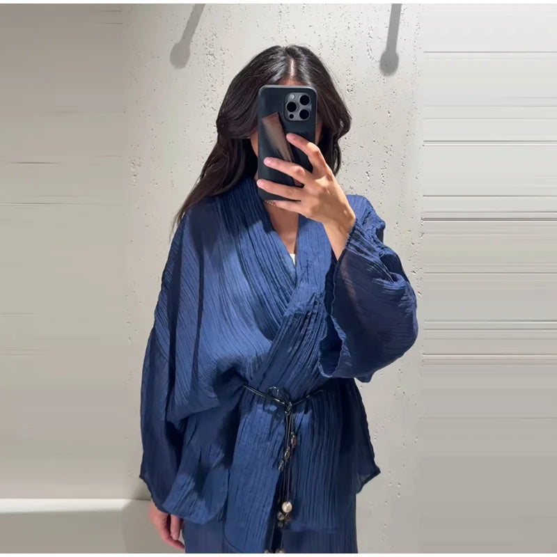 Casual Pleated Cardigan Pants Set V-neck Drop Shoulder Flared Sleeves Belt Waist Shirt Wide Leg Pants 2026 Chic Lightweight Sets