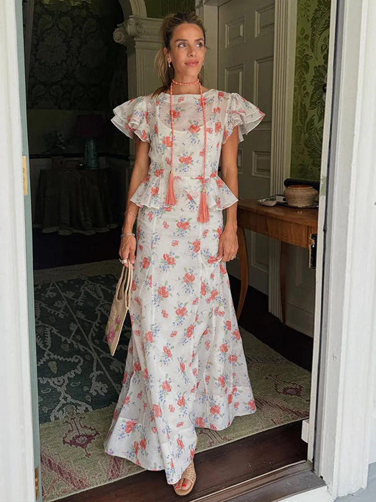 Women's Ruffle Top and Long Skirt 2-Piece Set