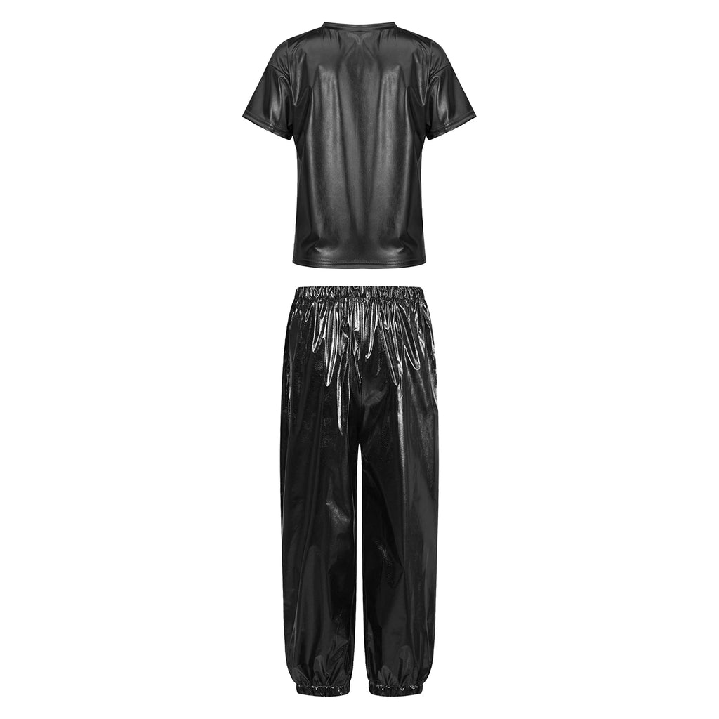 Kids Girls Boys Fashion Clothes Set Metallic Shiny T-shirt with Pants Suit for Jazz Hip Hop Street Dance Performance Costume