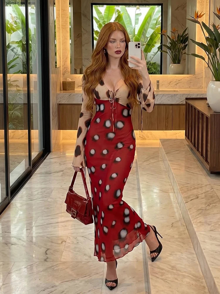 Women's Dot Print Long Sleeve Split Midi Dress