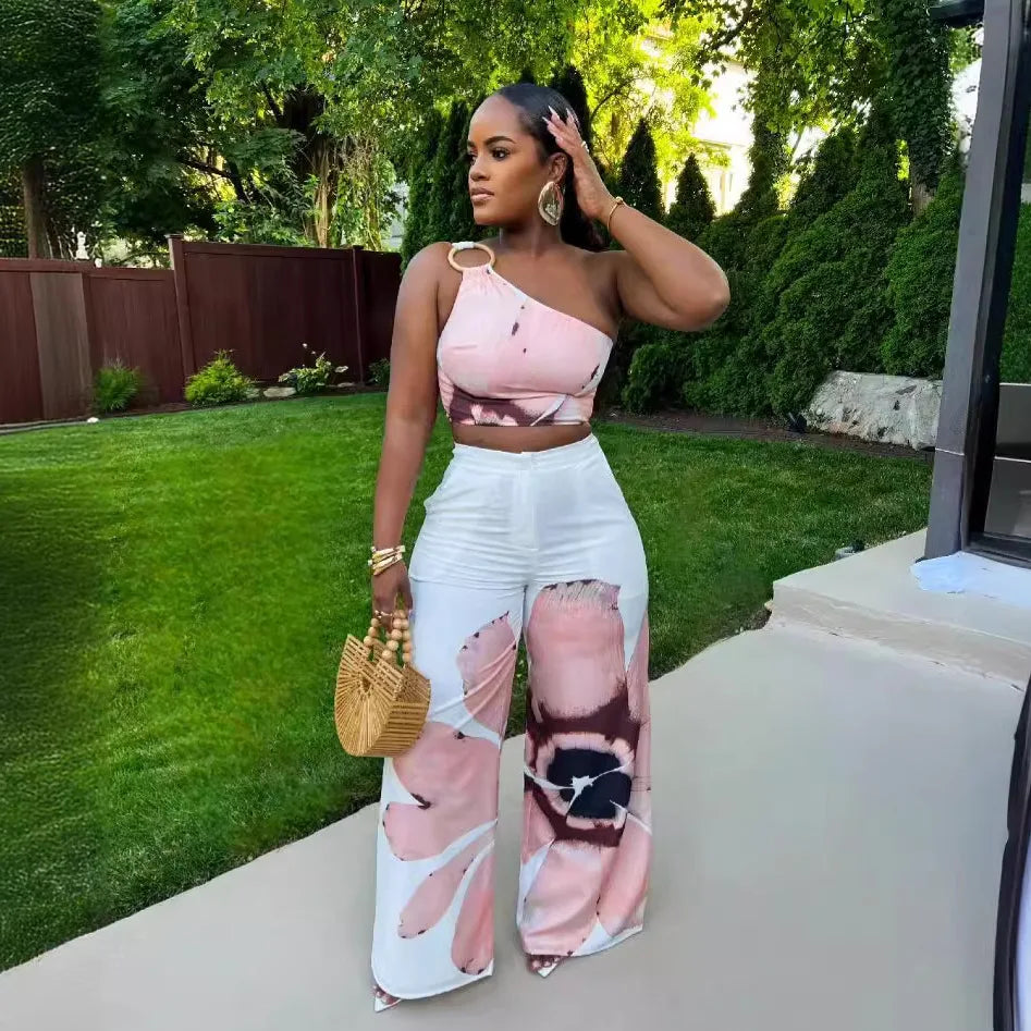 Matching Sets Wide Leg Full Length Pant Sexy Print One Shoulder Tops Pullover Pant Sets Loose Pockets High Street Spliced