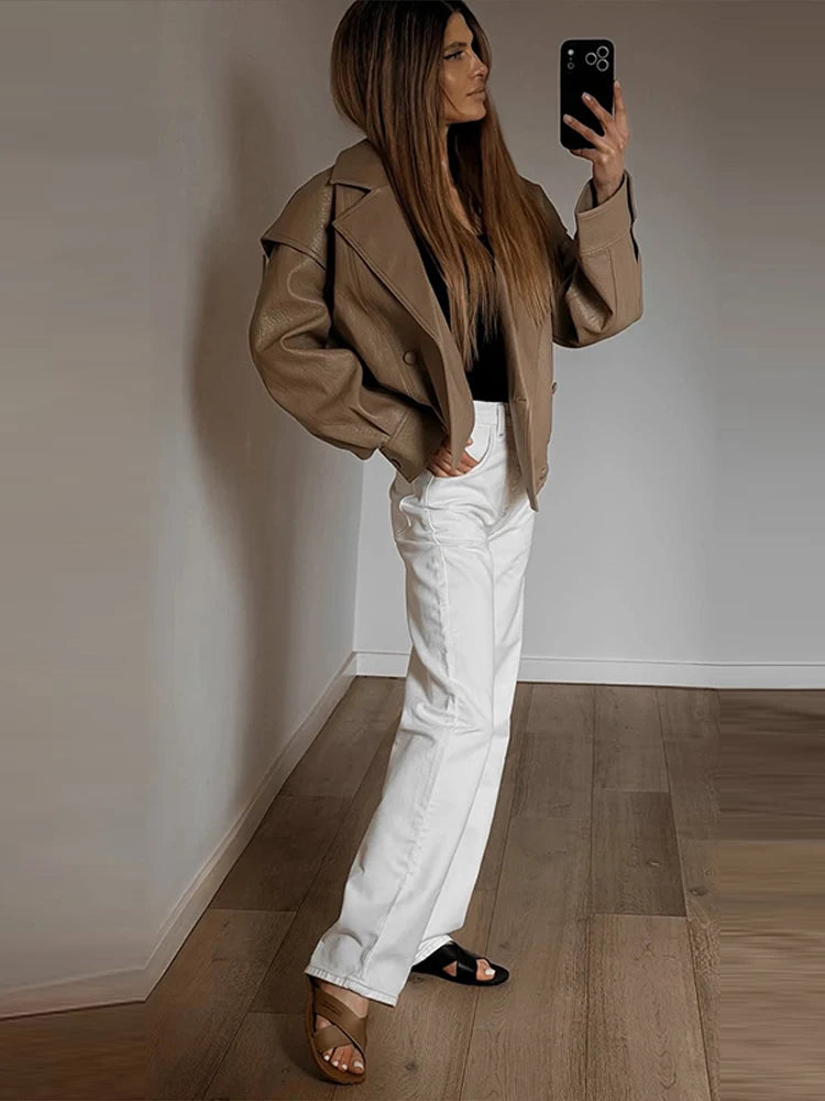 Casual Solid Pu Jackets Women Fashion Loose Khaki Lapel Double Breasted Leather Coat Female 2026 Autumn Lady Outwears Chic