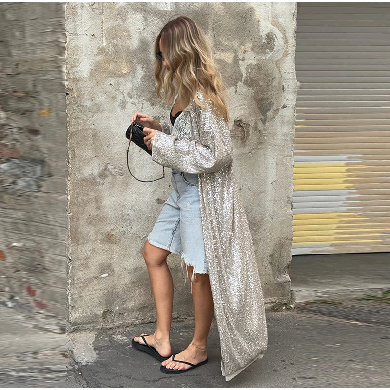 2026 Autumn Sequined Women Long Jacket Urban Full Sleeve Lining Pleated V-neck Cardigan Female Streetwear Fashion Lady Outwear