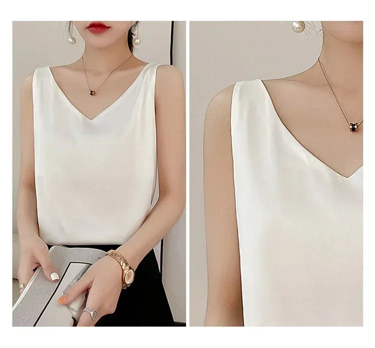 Summer New Silk Top Special Offer Sexy Strap Women's V-neck Printed Letter Tank Top Korean Fashion Solid Color Thin T-shirt