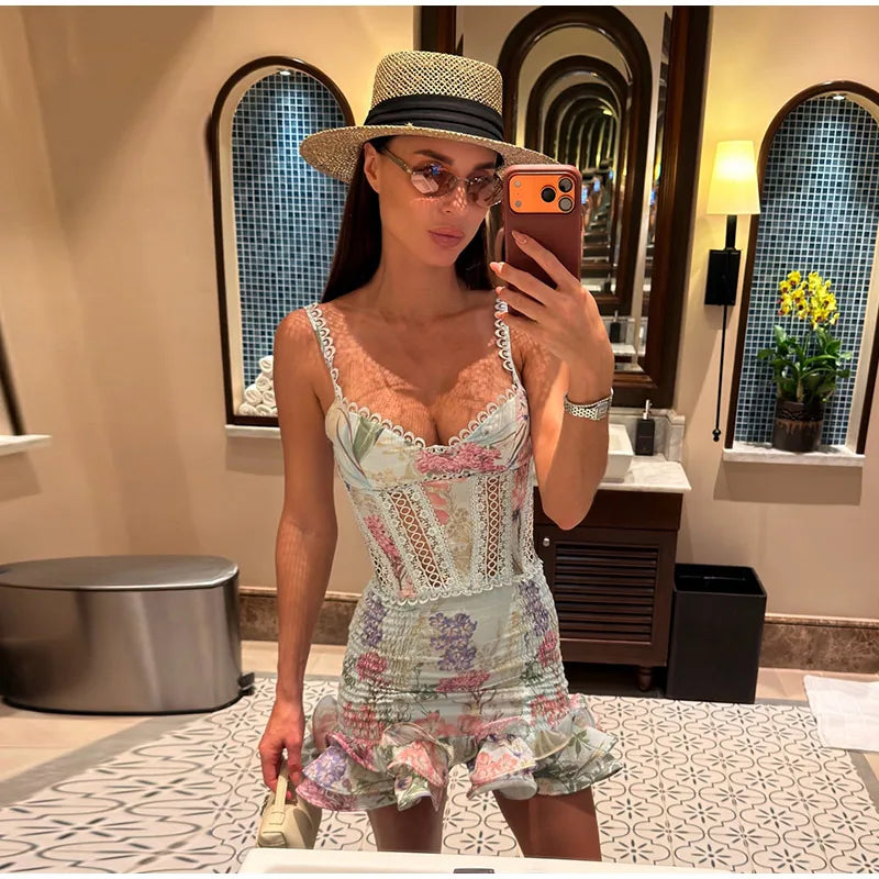 Women Skirt Set Spaghetti Strap Sleeveless Cinched Waist Corset Top High Waist Lace Hem Mini Skirt Slimming Chic Suit For Ladies
