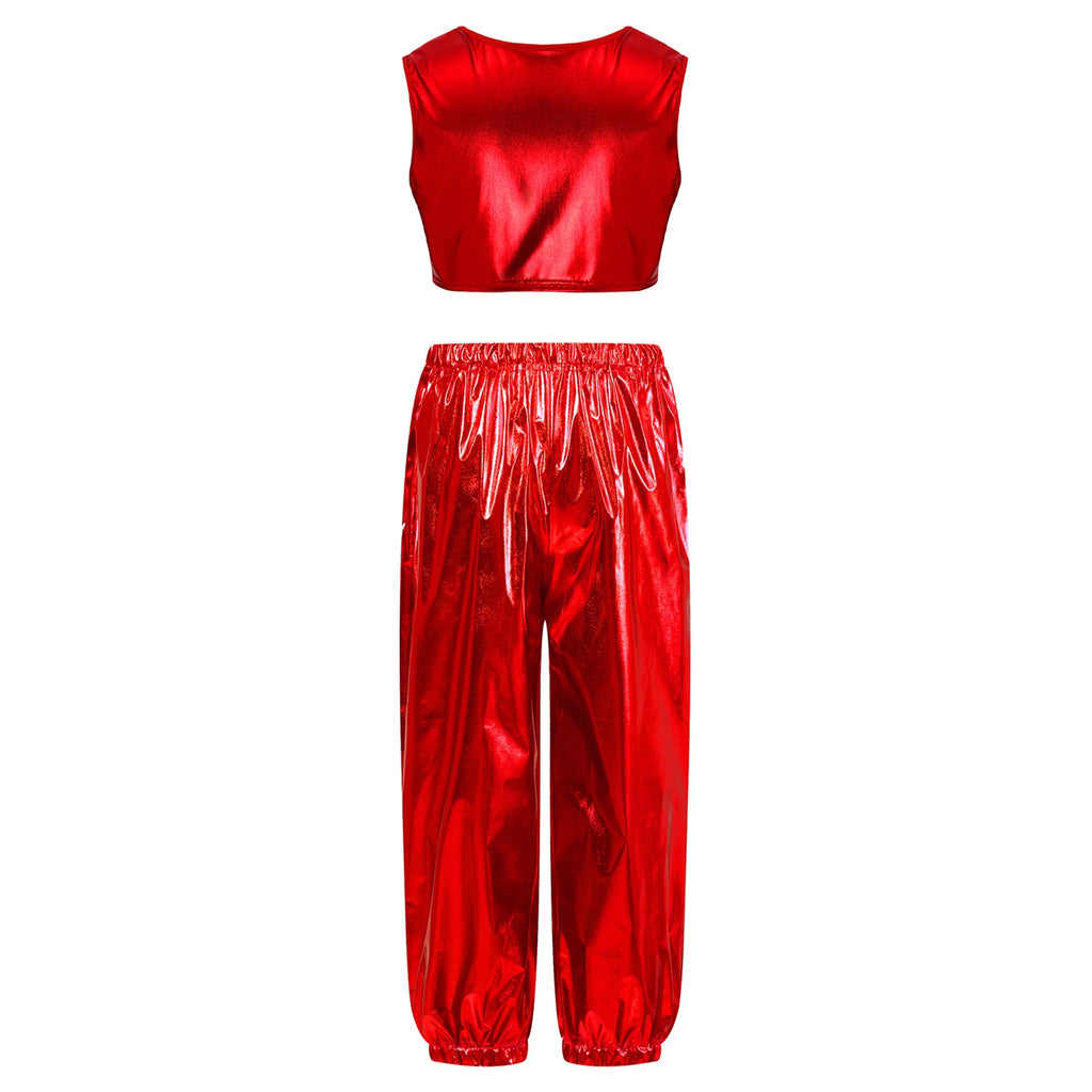 Kids Girls Boys Fashion Clothes Set Metallic Shiny T-shirt with Pants Suit for Jazz Hip Hop Street Dance Performance Costume