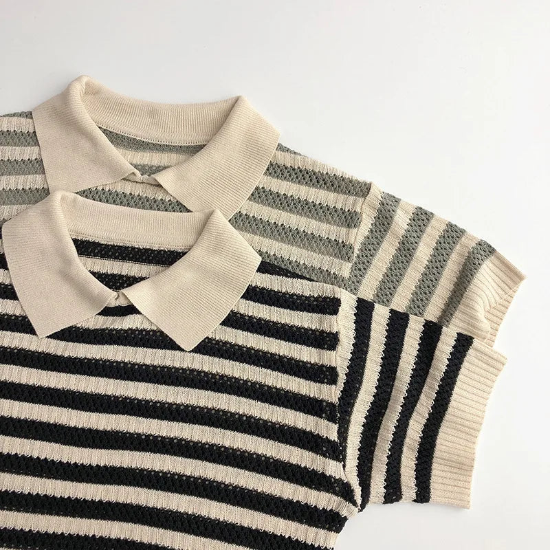 Spring and Summer Japanese Korean 1-6Y Children's Hollow Knitted Shirts Stylish Girl's Boy's Striped Short Sleeved T-shirts