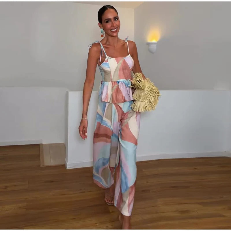 Women's Pastel Print Cami Top and Wide Leg Pants Set