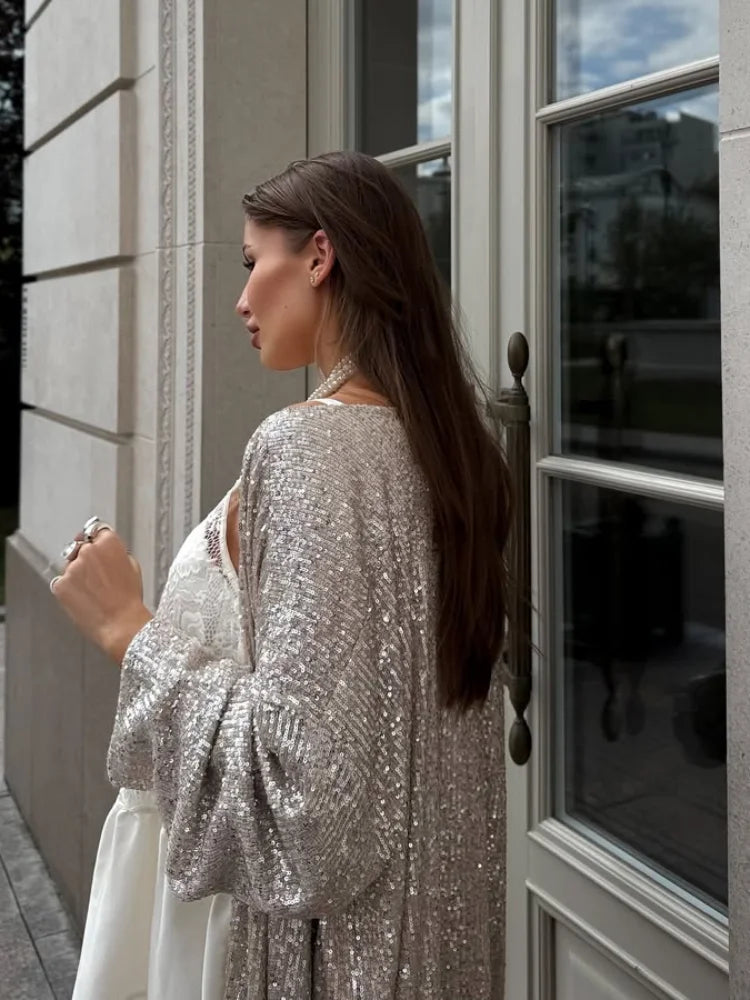 2026 Autumn Sequined Women Long Jacket Urban Full Sleeve Lining Pleated V-neck Cardigan Female Streetwear Fashion Lady Outwear