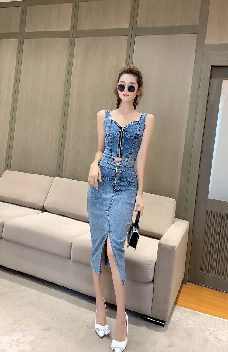 Women's Denim Top and Midi Skirt 2-Piece Set