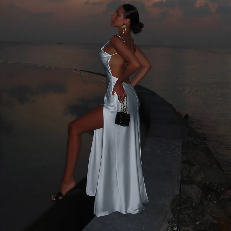 Women's Backless Satin V-Neck Sling Sundress