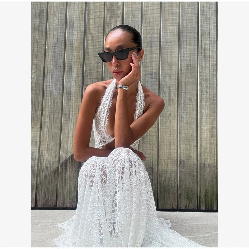 Women's Lace Halter Fishtail Maxi Gown