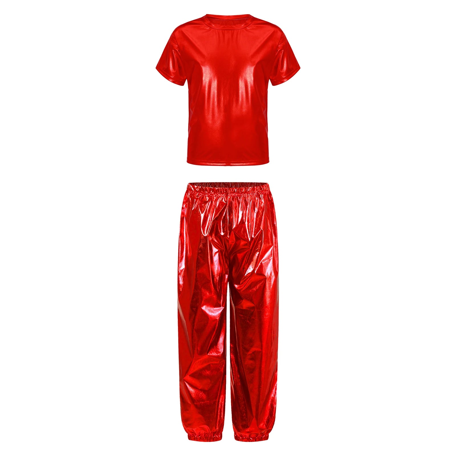 Kids Girls Boys Fashion Clothes Set Metallic Shiny T-shirt with Pants Suit for Jazz Hip Hop Street Dance Performance Costume