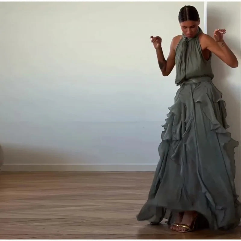 Women's Cascading Ruffle Lace-Up Long Dress