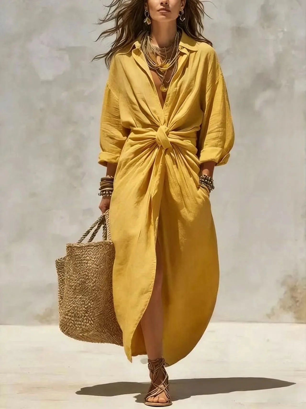 Women's Boho Linen Maxi Shirt Dress