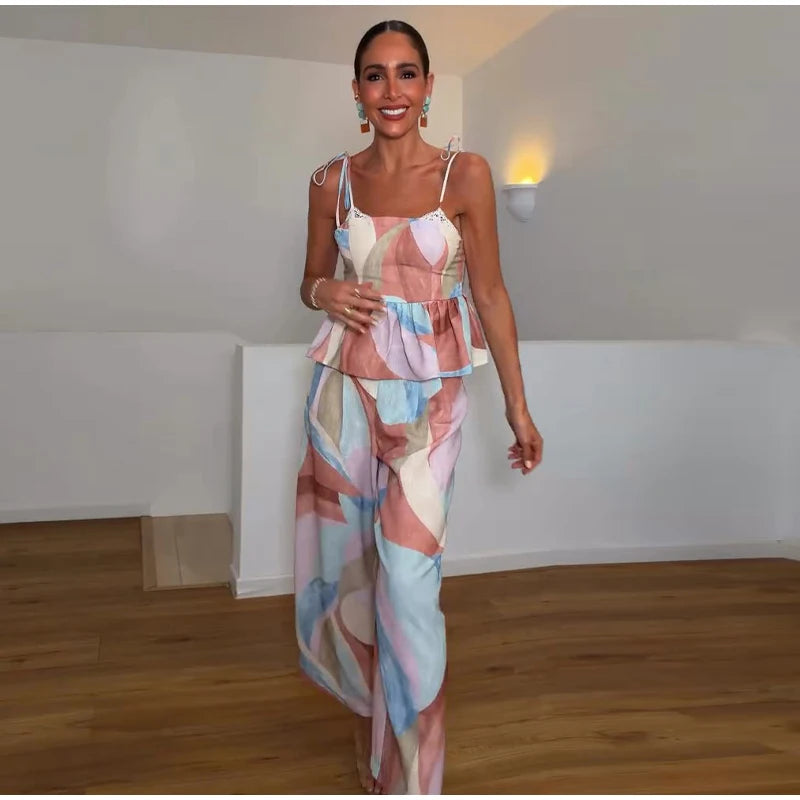 Women's Pastel Print Cami Top and Wide Leg Pants Set