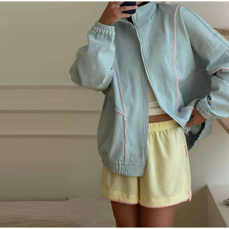 Women's Denim Stand Collar Bomber Jacket