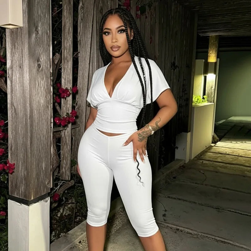 Joskaa Casual Solid 2 Piece Sets Women Sexy V-Neck Ruched Half Sleeve Top and Tight Cropped Pants Matching Tracksuits Streetwear