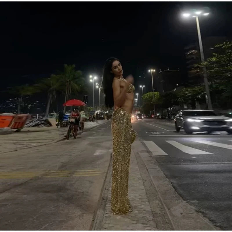 Women's Sequin Halter Top and Wide Leg Pants Set