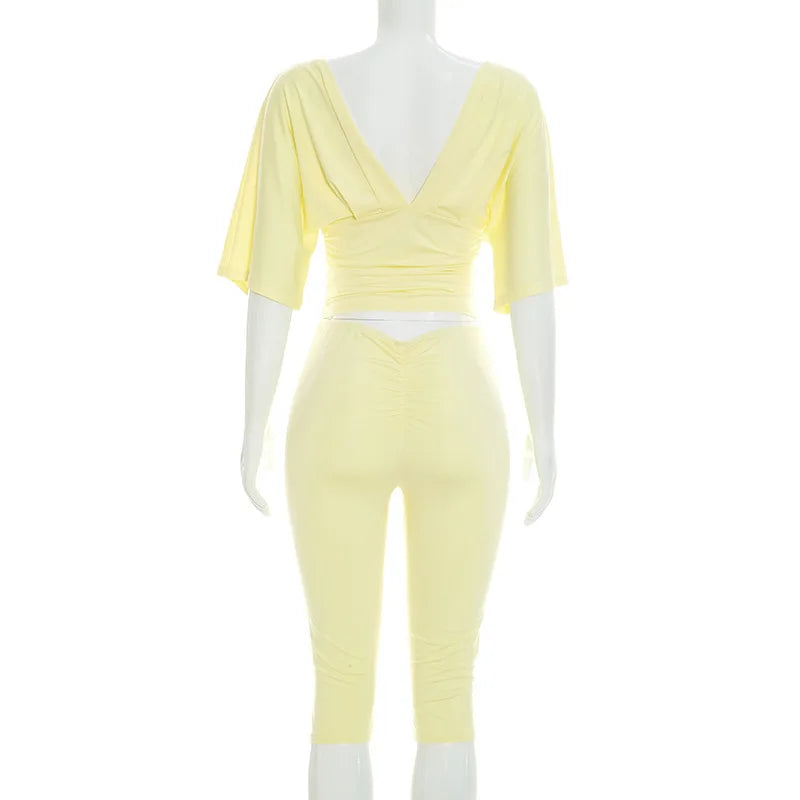 Joskaa Casual Solid 2 Piece Sets Women Sexy V-Neck Ruched Half Sleeve Top and Tight Cropped Pants Matching Tracksuits Streetwear