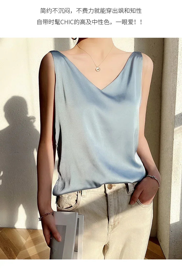 Summer New Silk Top Special Offer Sexy Strap Women's V-neck Printed Letter Tank Top Korean Fashion Solid Color Thin T-shirt