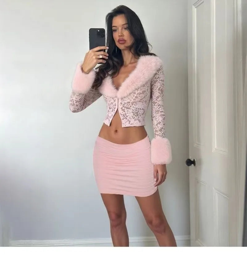 Women's Y2K Furry Crop Top and Mini Skirt Set