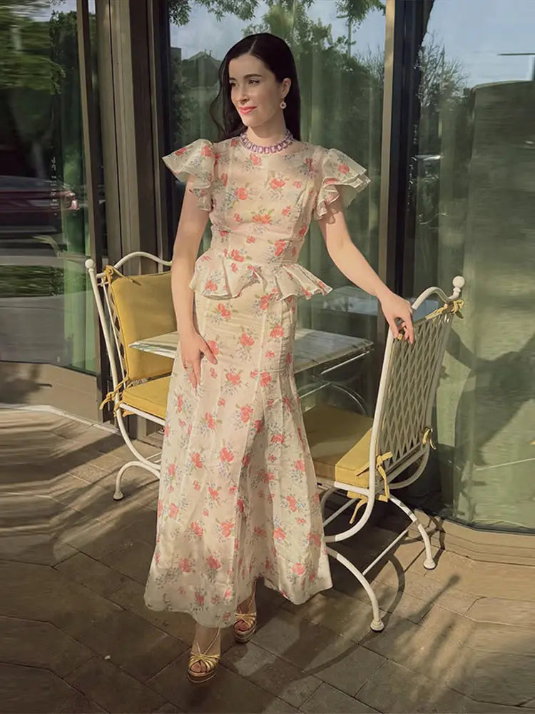 Women's Ruffle Top and Long Skirt 2-Piece Set