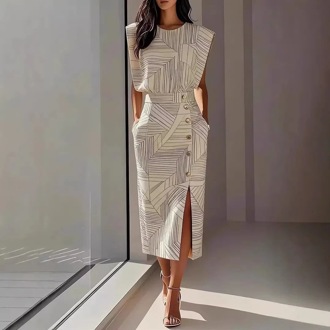 Women's Print Vest and Slim Skirt Two-Piece Set