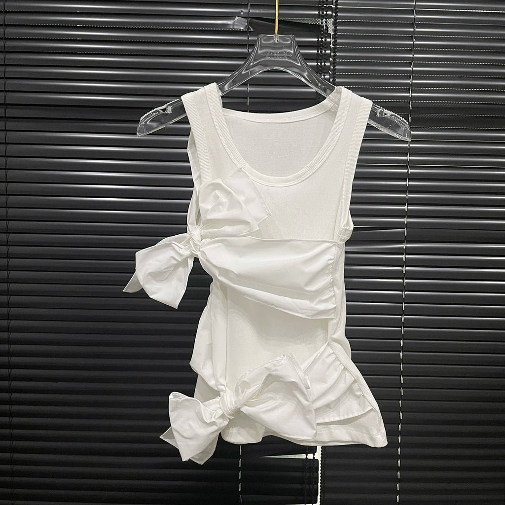 gestring Women Tanks 2025 Spring Summer Three Dimensional Bow Decorative Sleeveless Slim White Tops All Match Fashion Vest New