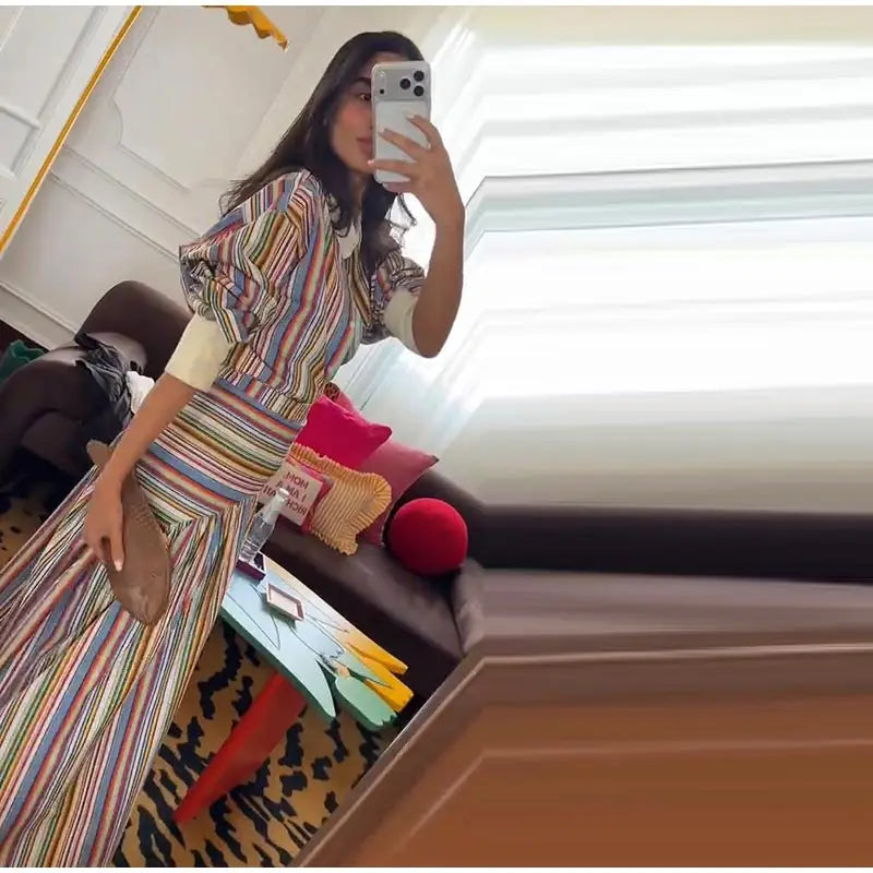 Women's Striped Shirt and Pleated Maxi Skirt Set