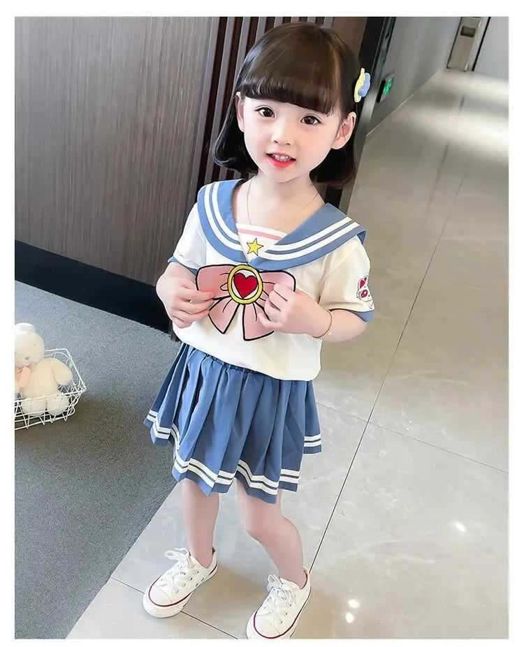 Baby Girls Clothes Sets Summer Bow Striped Tops Pleated Skirts Suits Cute Sailor Moon Cosplay Party Custume Children Clothes Set