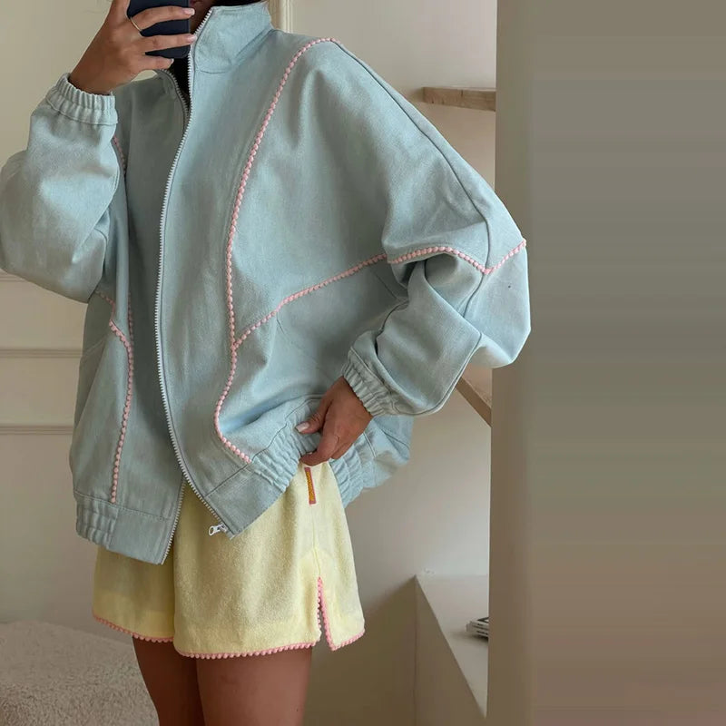 Women's Denim Stand Collar Bomber Jacket