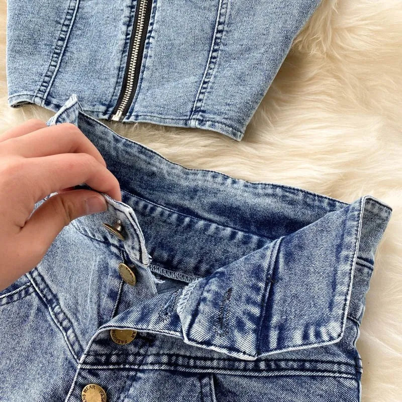Women's Denim Top and Midi Skirt 2-Piece Set