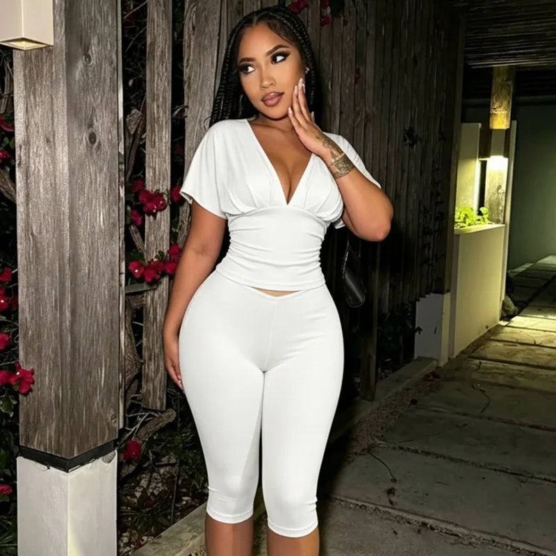 Joskaa Casual Solid 2 Piece Sets Women Sexy V-Neck Ruched Half Sleeve Top and Tight Cropped Pants Matching Tracksuits Streetwear