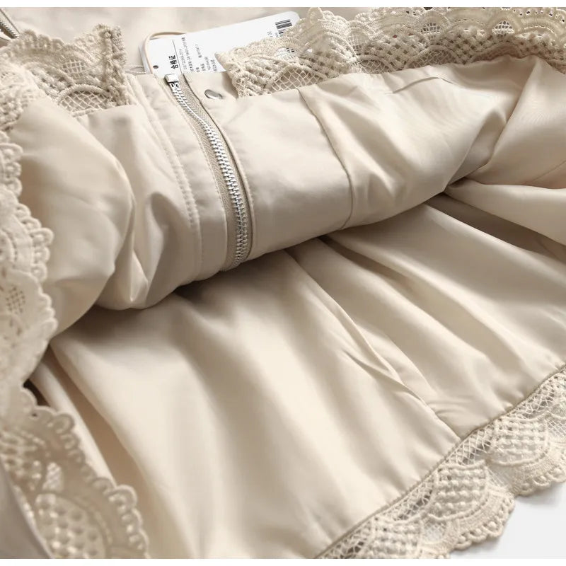 Women's Lace Trim Stand Collar Trench Coat