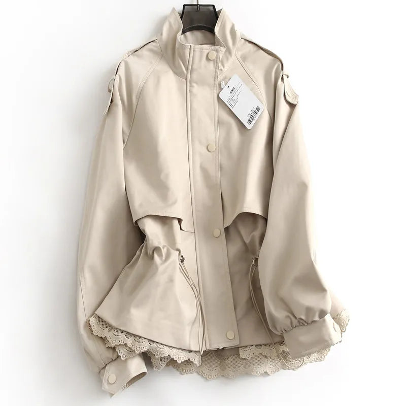 Women's Lace Trim Stand Collar Trench Coat