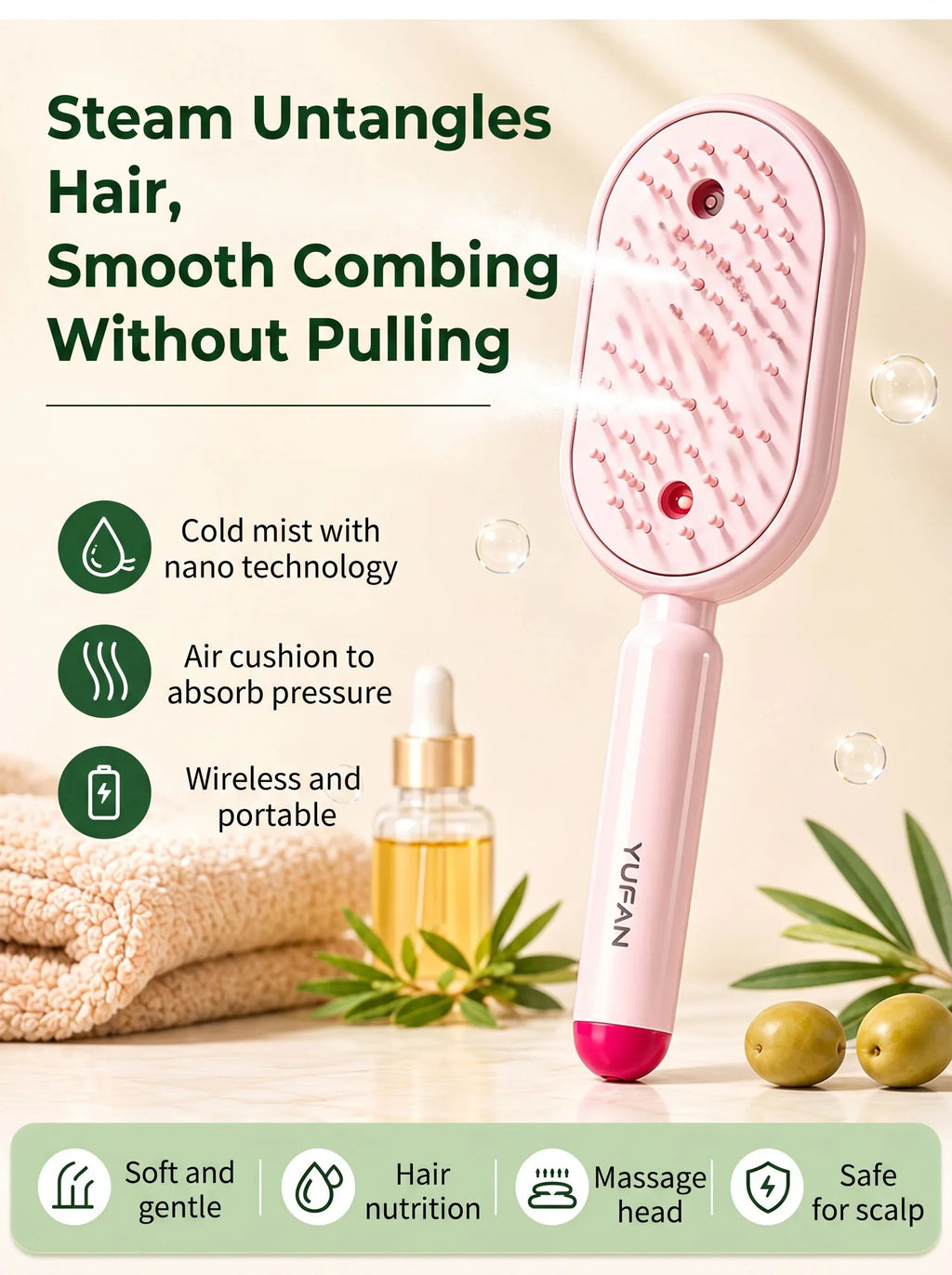3 in 1 Multifunctional Electric Spray Massage Comb Vibrating Misting Hair Care Comb Detangling Volumizing Comb Gift for Women