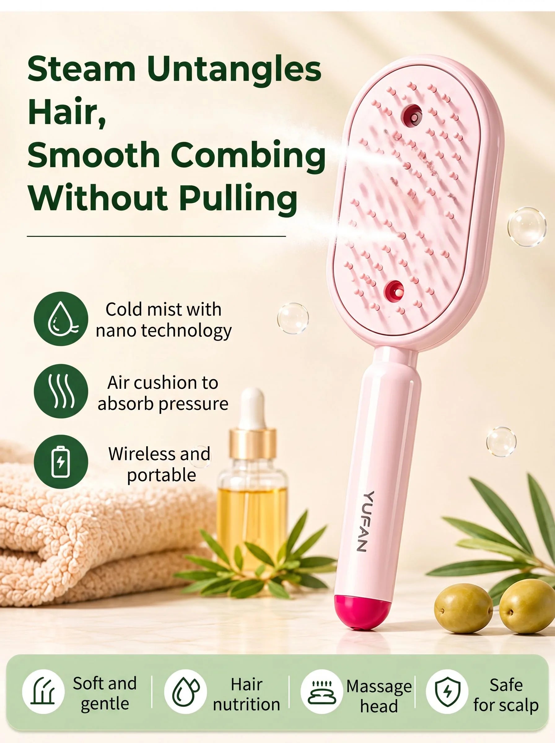 3 in 1 Multifunctional Electric Spray Massage Comb Vibrating Misting Hair Care Comb Detangling Volumizing Comb Gift for Women