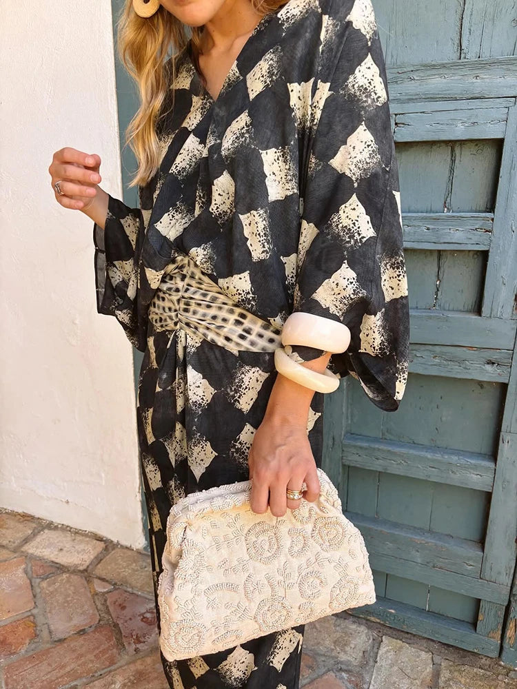 Women's Plaid Batwing Sleeve Maxi Dress