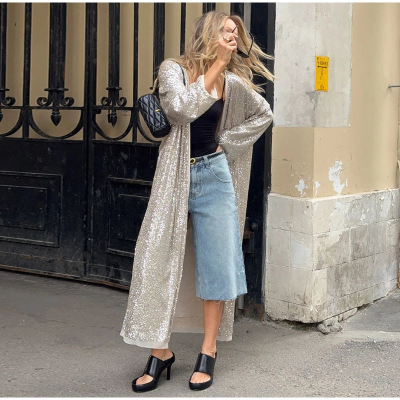 2026 Autumn Sequined Women Long Jacket Urban Full Sleeve Lining Pleated V-neck Cardigan Female Streetwear Fashion Lady Outwear