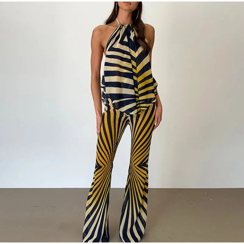 Women's Halter Backless Top and Flared Pants Set