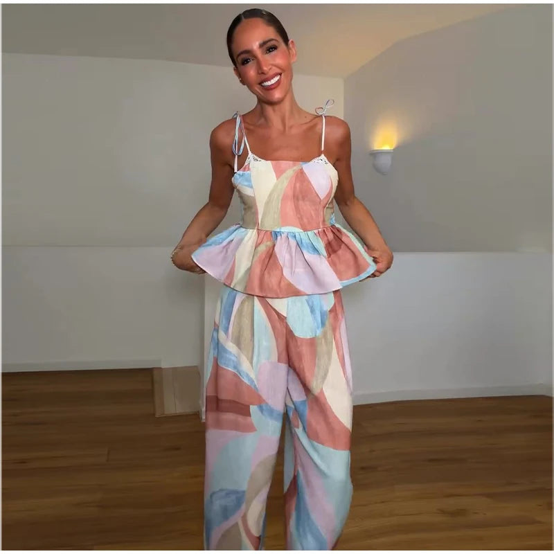 Women's Pastel Print Cami Top and Wide Leg Pants Set