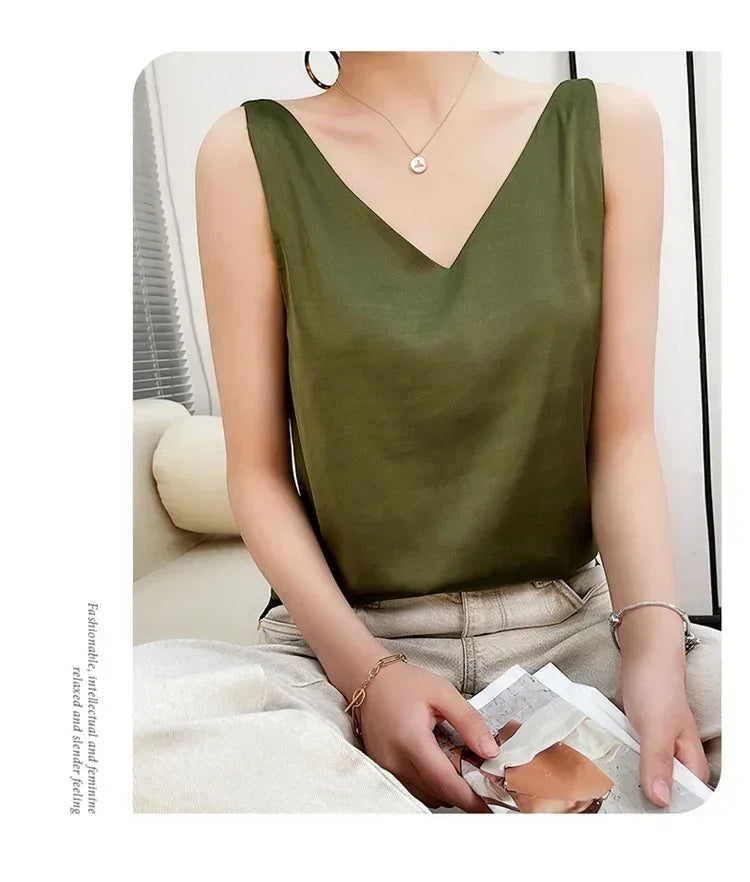 Summer New Silk Top Special Offer Sexy Strap Women's V-neck Printed Letter Tank Top Korean Fashion Solid Color Thin T-shirt