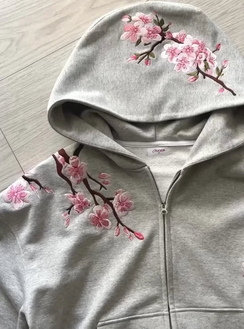 Y2K Cherry Blossom Embroidered Zip Hoodie
