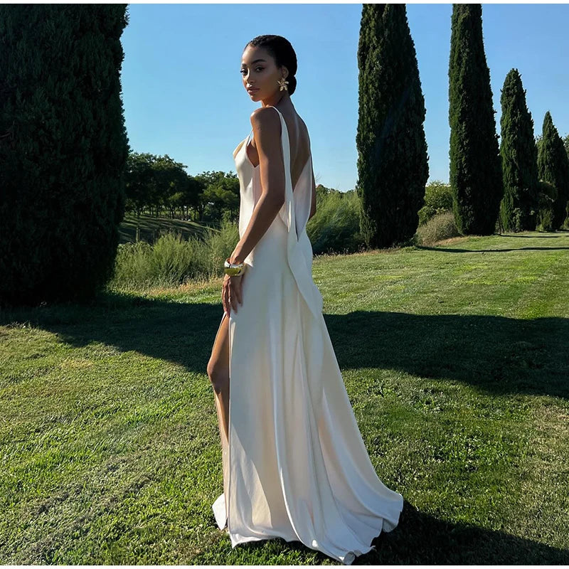 Women's Backless Satin V-Neck Sling Sundress