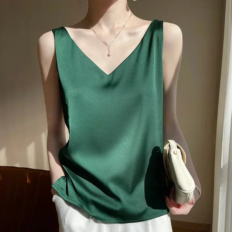 Summer New Silk Top Special Offer Sexy Strap Women's V-neck Printed Letter Tank Top Korean Fashion Solid Color Thin T-shirt