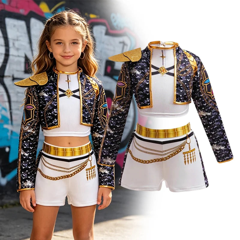 Girls Sequin Hip Hop Dance Outfit Set Crop Top Jacket Shorts with Purple Braid Wig Kids Jazz Stage Costume